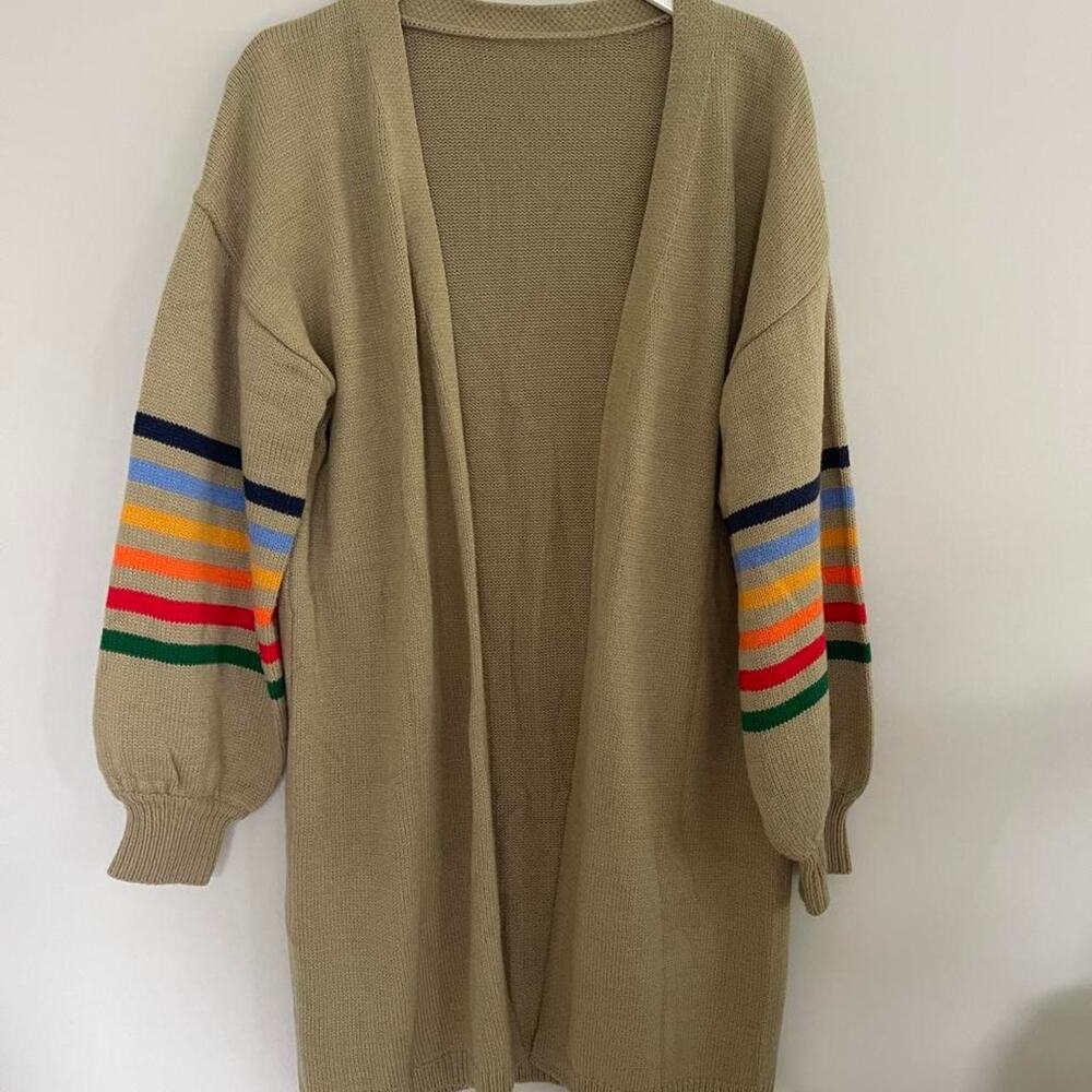 Tan Rainbow Stripe Balloon Sleeve Open Front Cardigan